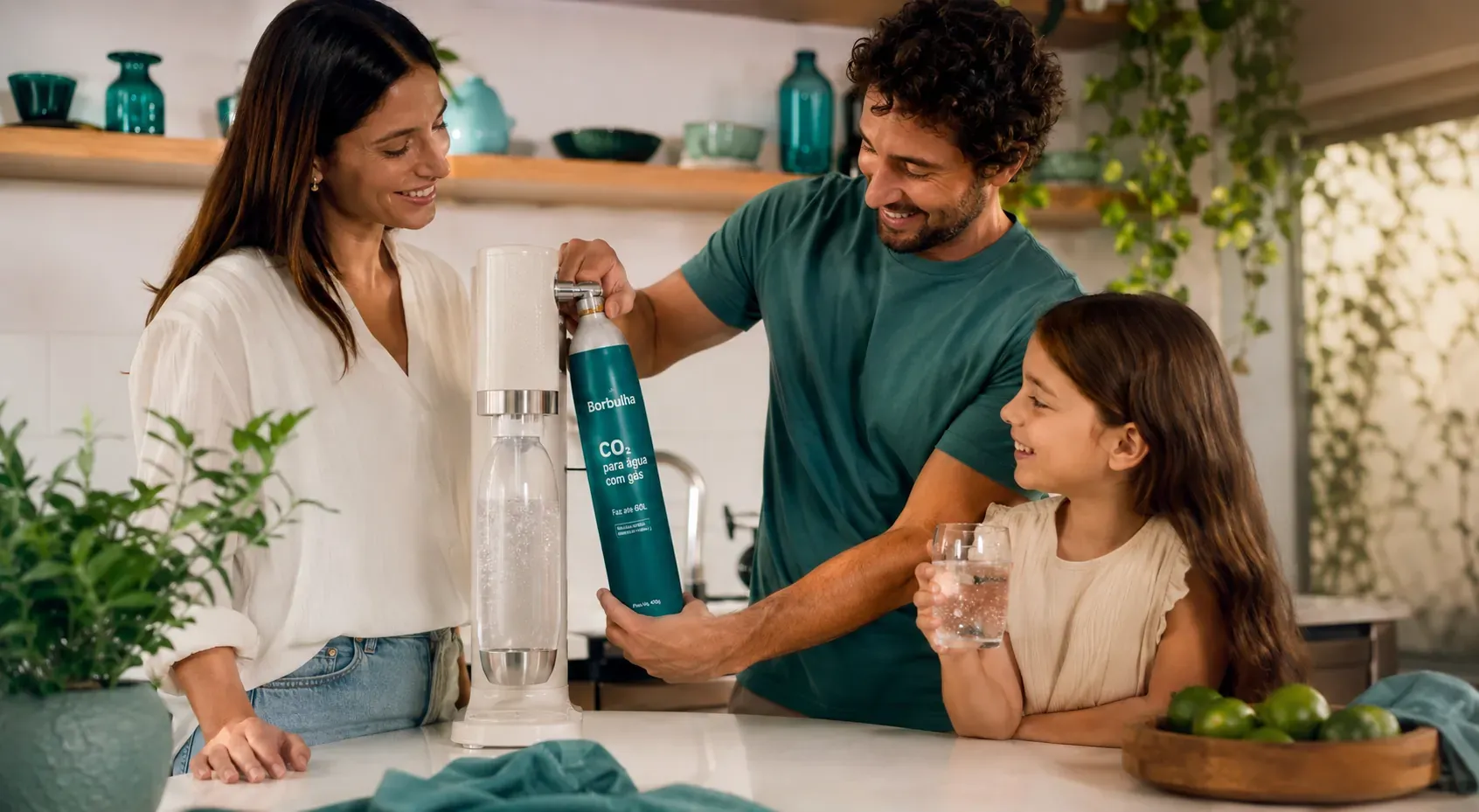 Família preparando água com gás na cozinha usando o cilindro de CO₂ Borbulha